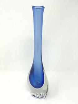 Pagnin & Bon Incised Geometric Art Glass Block Vase Blue 12 3/8 Excellent