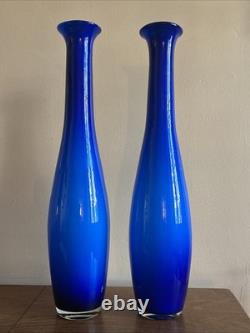 Pair 21 Vintage Empoli Italy Cased Opaline Glass Floor Vases Cobalt Blue MCM