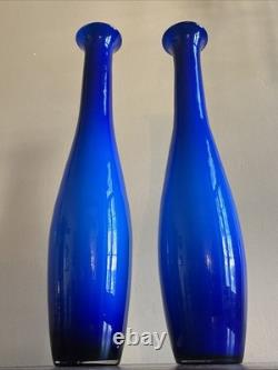 Pair 21 Vintage Empoli Italy Cased Opaline Glass Floor Vases Cobalt Blue MCM