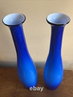Pair 21 Vintage Empoli Italy Cased Opaline Glass Floor Vases Cobalt Blue MCM
