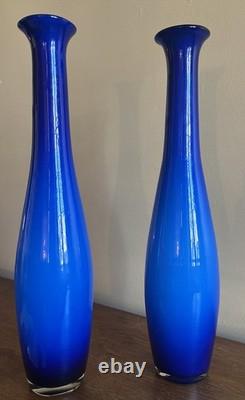 Pair 21 Vintage Empoli Italy Cased Opaline Glass Floor Vases Cobalt Blue MCM