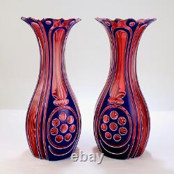 Pair Antique 3-Color Blue, White & Cranberry Overlay Bohemian Cut Glass Vases