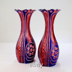 Pair Antique 3-Color Blue, White & Cranberry Overlay Bohemian Cut Glass Vases