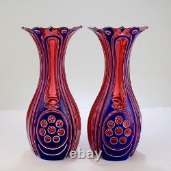 Pair Antique 3-Color Blue, White & Cranberry Overlay Bohemian Cut Glass Vases