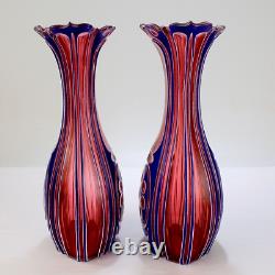 Pair Antique 3-Color Blue, White & Cranberry Overlay Bohemian Cut Glass Vases