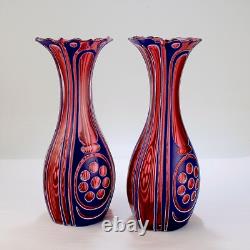 Pair Antique 3-Color Blue, White & Cranberry Overlay Bohemian Cut Glass Vases