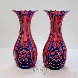 Pair Antique 3-Color Blue, White & Cranberry Overlay Bohemian Cut Glass Vases