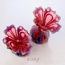 Pair Antique 3-Color Blue, White & Cranberry Overlay Bohemian Cut Glass Vases