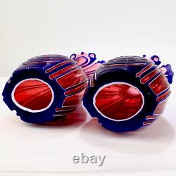 Pair Antique 3-Color Blue, White & Cranberry Overlay Bohemian Cut Glass Vases