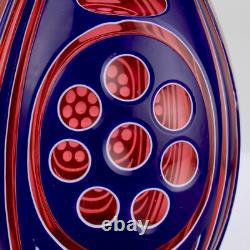 Pair Antique 3-Color Blue, White & Cranberry Overlay Bohemian Cut Glass Vases