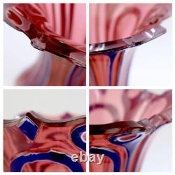 Pair Antique 3-Color Blue, White & Cranberry Overlay Bohemian Cut Glass Vases