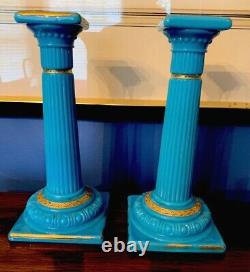 Pair Antique Blue Opaline Glass Candlesticks