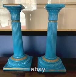 Pair Antique Blue Opaline Glass Candlesticks