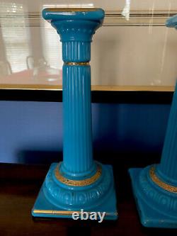 Pair Antique Blue Opaline Glass Candlesticks