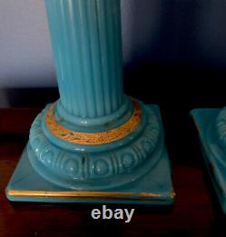 Pair Antique Blue Opaline Glass Candlesticks