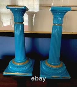 Pair Antique Blue Opaline Glass Candlesticks
