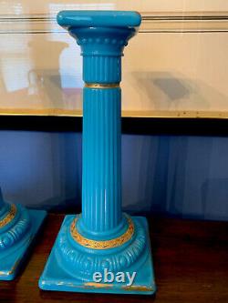 Pair Antique Blue Opaline Glass Candlesticks