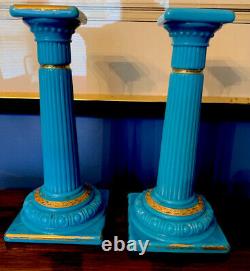 Pair Antique Blue Opaline Glass Candlesticks