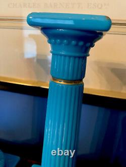 Pair Antique Blue Opaline Glass Candlesticks