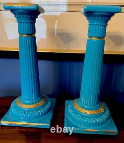 Pair Antique Blue Opaline Glass Candlesticks