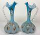 Pair Antique Victorian Art Glass Satin Blue Enameled Glass Ewers