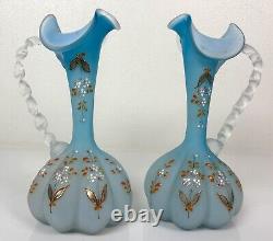 Pair Antique Victorian Art Glass Satin Blue Enameled Glass Ewers