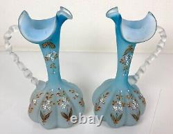 Pair Antique Victorian Art Glass Satin Blue Enameled Glass Ewers