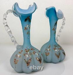 Pair Antique Victorian Art Glass Satin Blue Enameled Glass Ewers