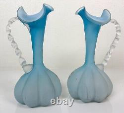 Pair Antique Victorian Art Glass Satin Blue Enameled Glass Ewers