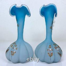 Pair Antique Victorian Art Glass Satin Blue Enameled Glass Ewers