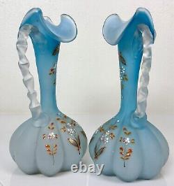 Pair Antique Victorian Art Glass Satin Blue Enameled Glass Ewers