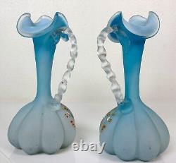 Pair Antique Victorian Art Glass Satin Blue Enameled Glass Ewers