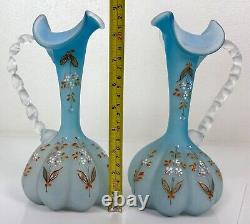 Pair Antique Victorian Art Glass Satin Blue Enameled Glass Ewers