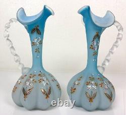 Pair Antique Victorian Art Glass Satin Blue Enameled Glass Ewers