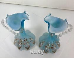 Pair Antique Victorian Art Glass Satin Blue Enameled Glass Ewers