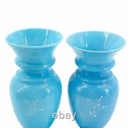 Pair Antique Victorian Bristol Blue Glass Flower Vases Hand Painted Enameled