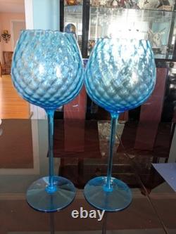 Pair Blue Impoli Italian 15 Quilted, Padestle Footed Art Glass/Vase/Goblets