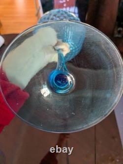 Pair Blue Impoli Italian 15 Quilted, Padestle Footed Art Glass/Vase/Goblets
