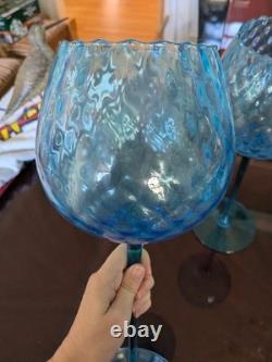 Pair Blue Impoli Italian 15 Quilted, Padestle Footed Art Glass/Vase/Goblets