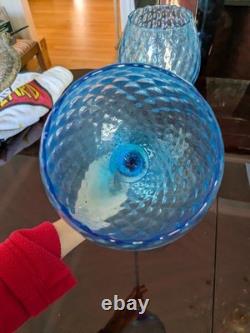 Pair Blue Impoli Italian 15 Quilted, Padestle Footed Art Glass/Vase/Goblets