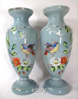 Pair Hand-painted Bristol Blue/gray Vases Birds & Flowers