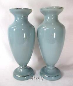 Pair Hand-painted Bristol Blue/gray Vases Birds & Flowers