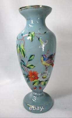 Pair Hand-painted Bristol Blue/gray Vases Birds & Flowers