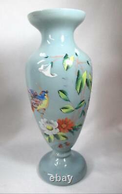 Pair Hand-painted Bristol Blue/gray Vases Birds & Flowers