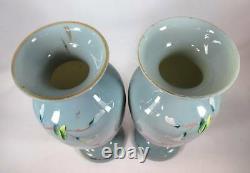 Pair Hand-painted Bristol Blue/gray Vases Birds & Flowers