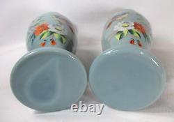 Pair Hand-painted Bristol Blue/gray Vases Birds & Flowers