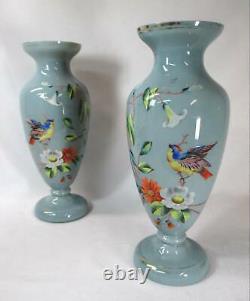 Pair Hand-painted Bristol Blue/gray Vases Birds & Flowers