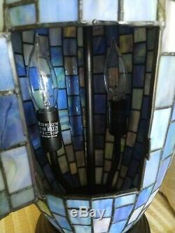 Pair Mosaic Table vase Lamp Stained Glass Lighted base BLUE tiffany style