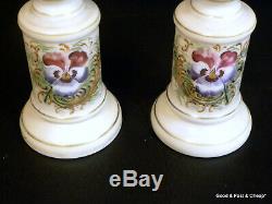 Pair Of BRISTOL Opaque Glass Vases Hand Painted PANSIES GOLD TRIM 10 TALL