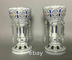 Pair Of Bohemian Cobalt Cut Back Cased Art Glass Mantel Lusters With Prisms